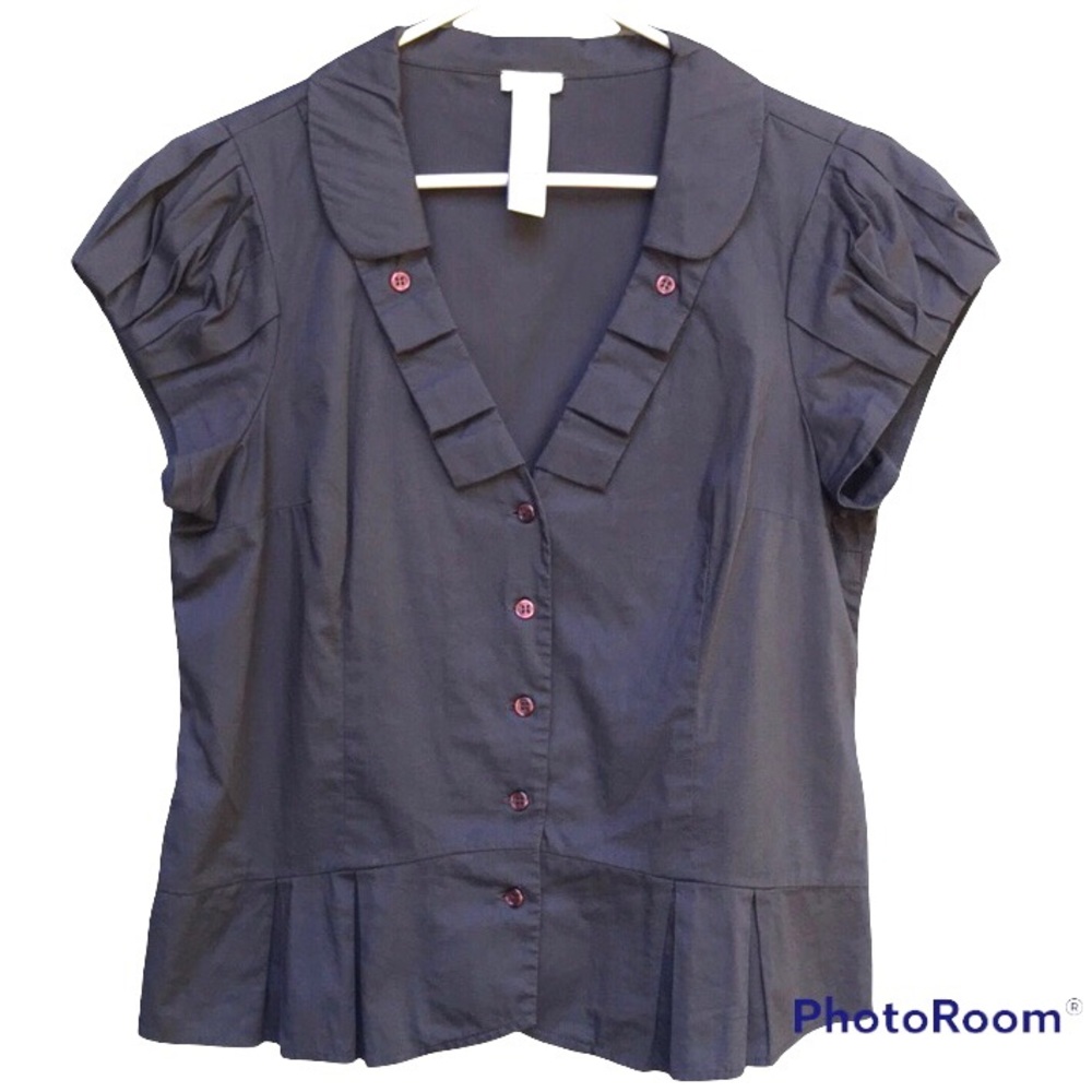 Anthropologie Navy Blue Short Sleeve Ruffled Button Front Blouse